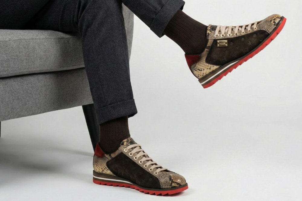 Sneakers in monogram suede and python