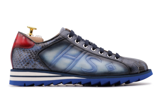 Sneakers in suede e pitone con cuciture imbottite