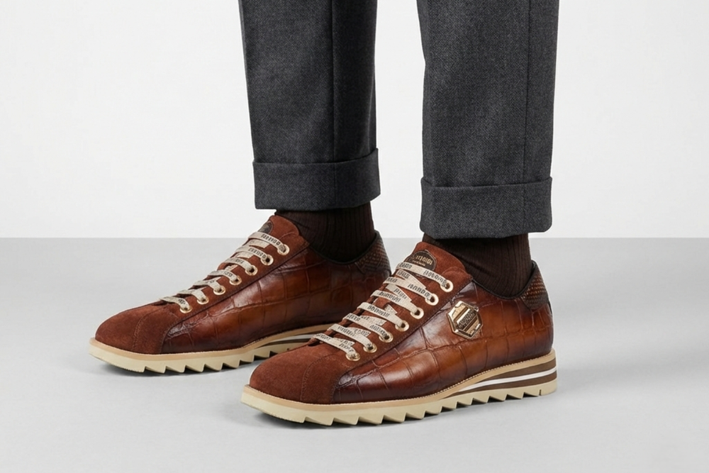 Sneakers with crocodile effect and suede