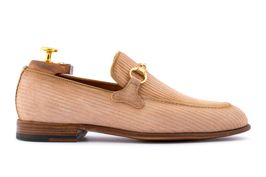 Striped suede moccasin with belt loop