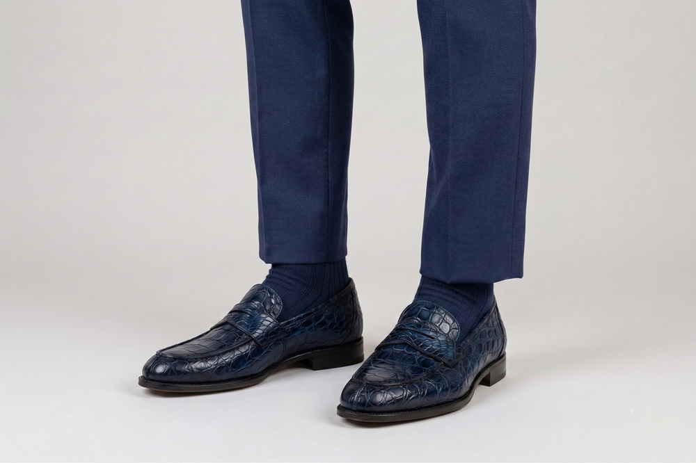 Mocassino in alligatore dipinto a mano Blu
