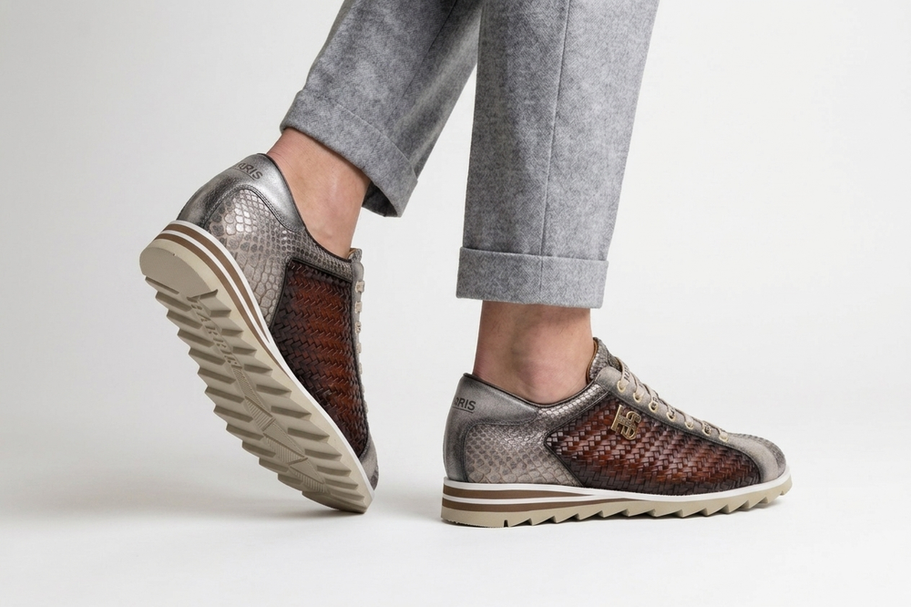 Sneakers in woven leather and python