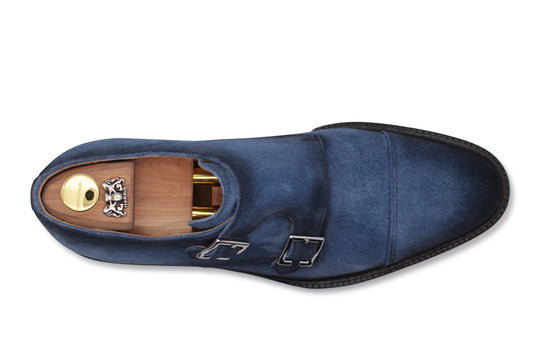 Doppia fibbia in suede blu sfumata a mano